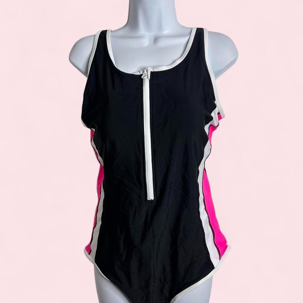 Size L Attraco Black and Hot Pink Zip Front One Piece Swimsuit Brand New - Picture 2 of 7